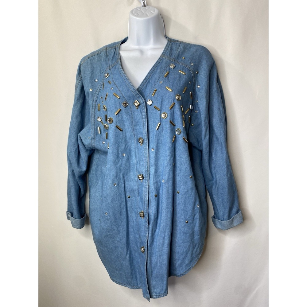 Vintage Susan Christopher Denim Jean Shirt Size Medium Rhinestone Jeweled 1980s